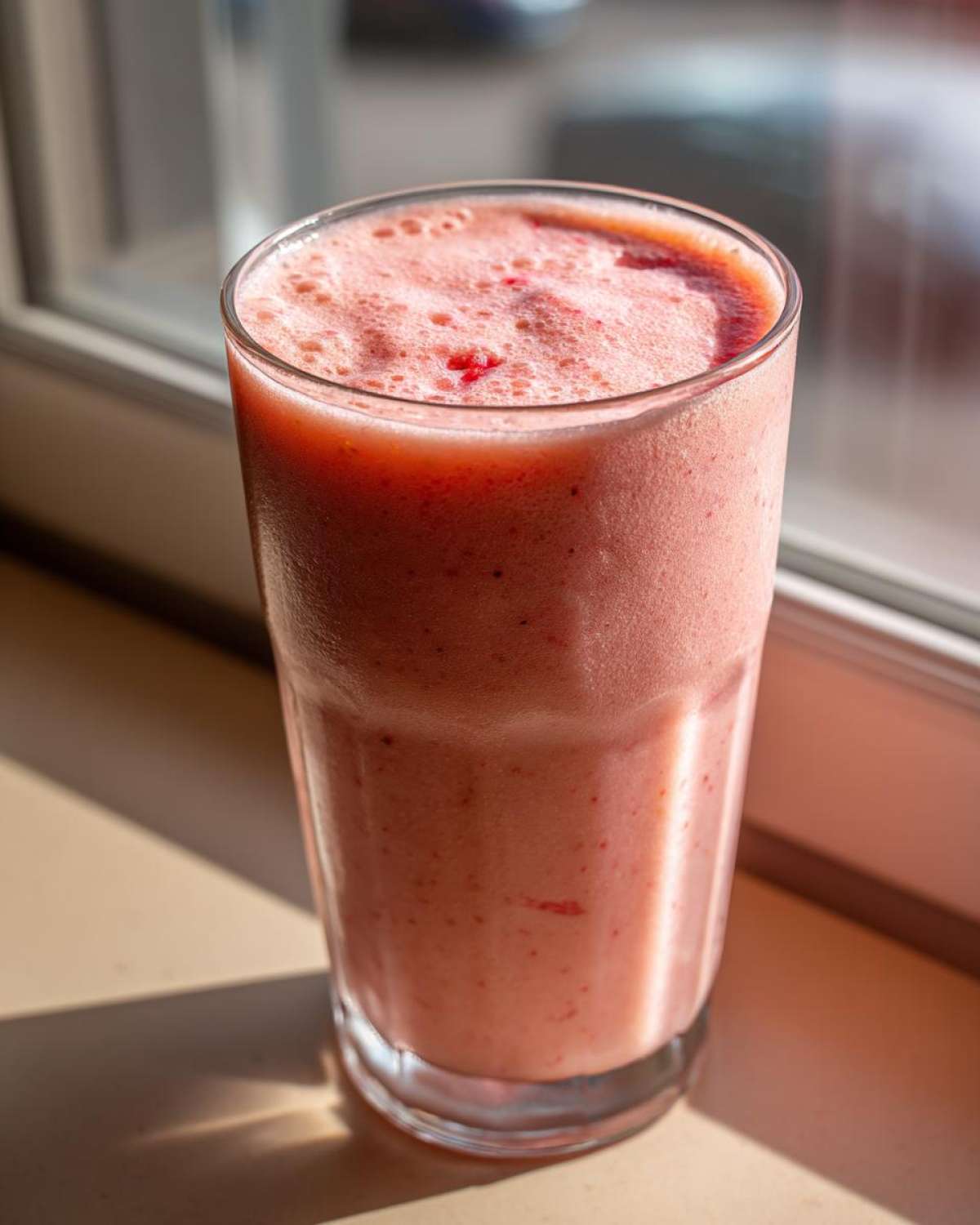A tall glass filled with a frothy Strawberry Pina Colada Smoothie, garnished with tiny strawberry pieces.