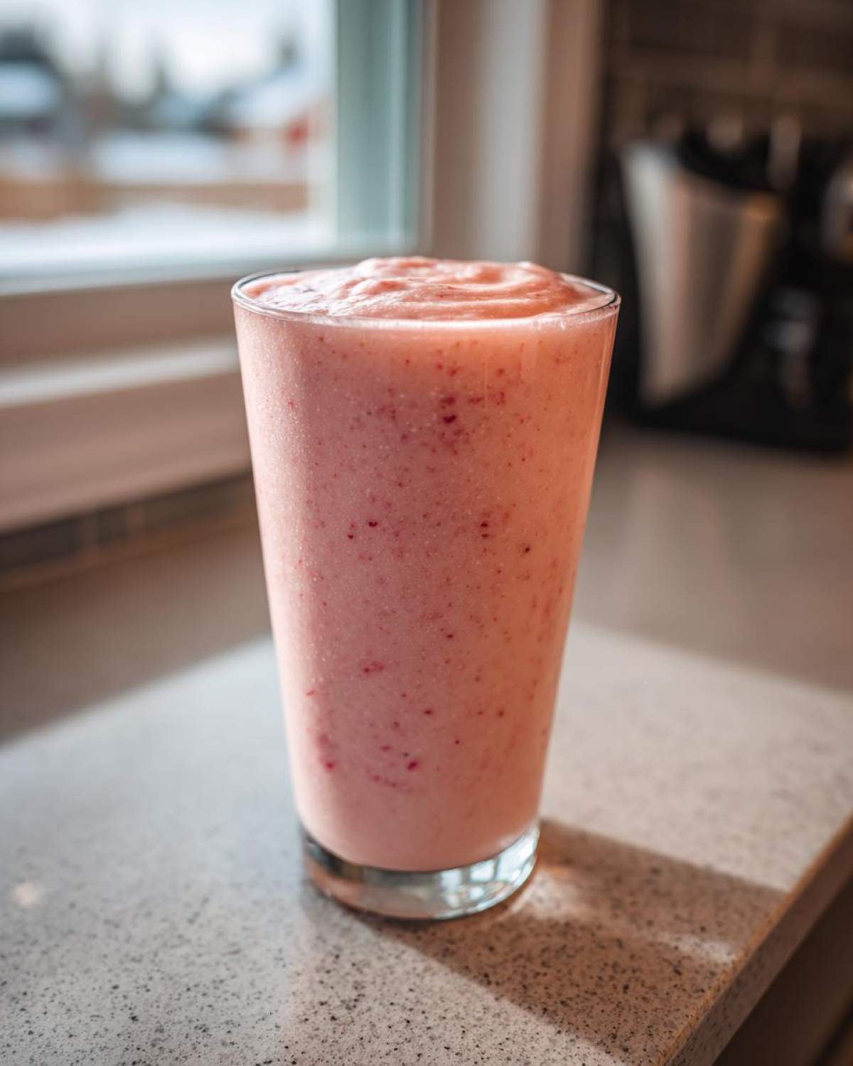 A tall glass filled with a pink Strawberry Pina Colada Smoothie, showing small strawberry pieces.
