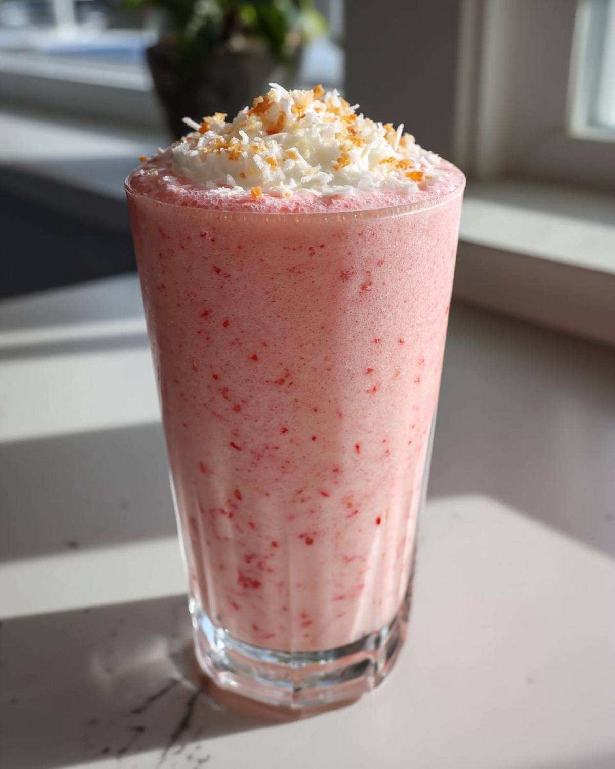 A tall glass filled with a pink Strawberry Pina Colada Smoothie, topped with whipped cream and shredded coconut.