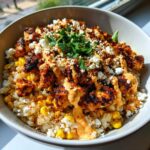 A close-up of a street corn chicken and rice bowl, featuring seasoned chicken, rice, corn, crumbled cheese, and a drizzle of sauce.