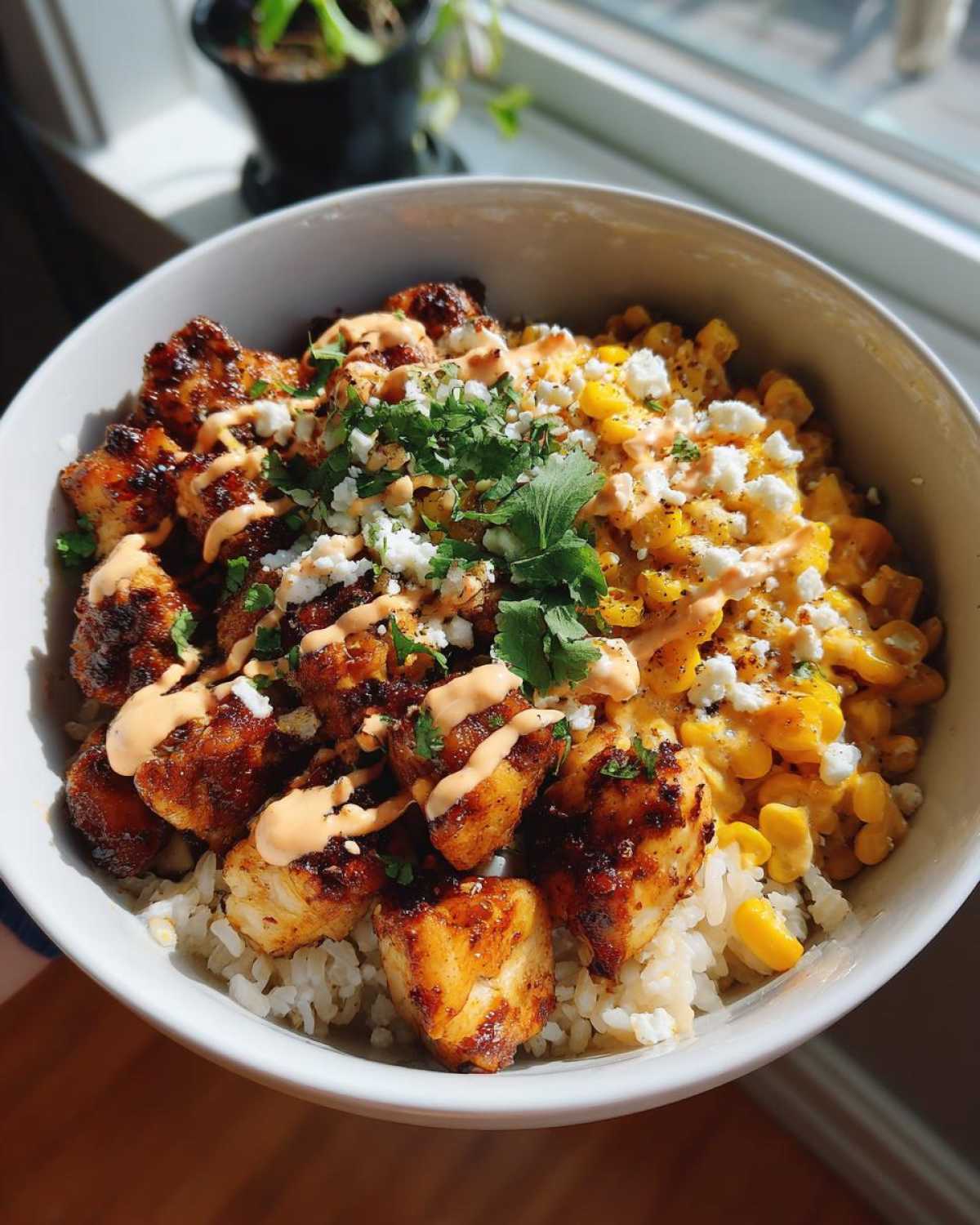 A close-up of a street corn chicken and rice bowl, featuring seasoned chicken, corn, rice, crumbled cheese, and a drizzle of sauce.