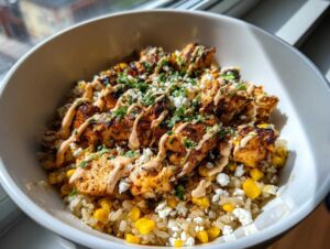 A close-up of a street corn chicken and rice bowl topped with crumbled cheese and a drizzle of sauce.