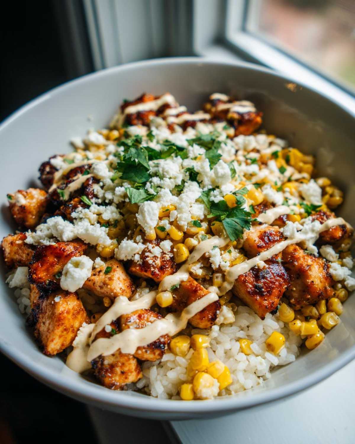 Close-up of a street corn chicken and rice bowl topped with crumbled feta cheese, cilantro, and a drizzle of sauce.