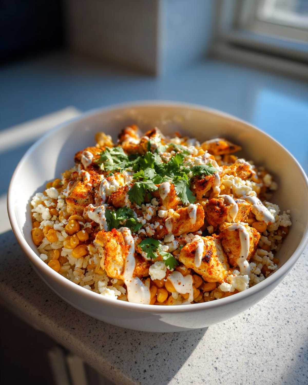 A close-up of a street corn chicken and rice bowl, featuring seasoned chicken, corn, rice, crumbled cheese, cilantro, and a drizzle of sauce.
