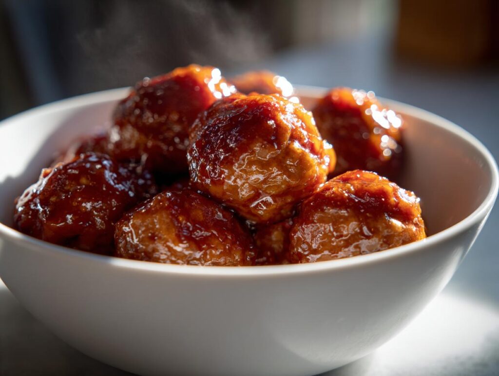 A white bowl filled with steaming sweet chili crockpot meatballs coated in a glossy sauce.