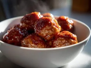 A white bowl filled with steaming sweet chili crockpot meatballs coated in a glossy sauce.