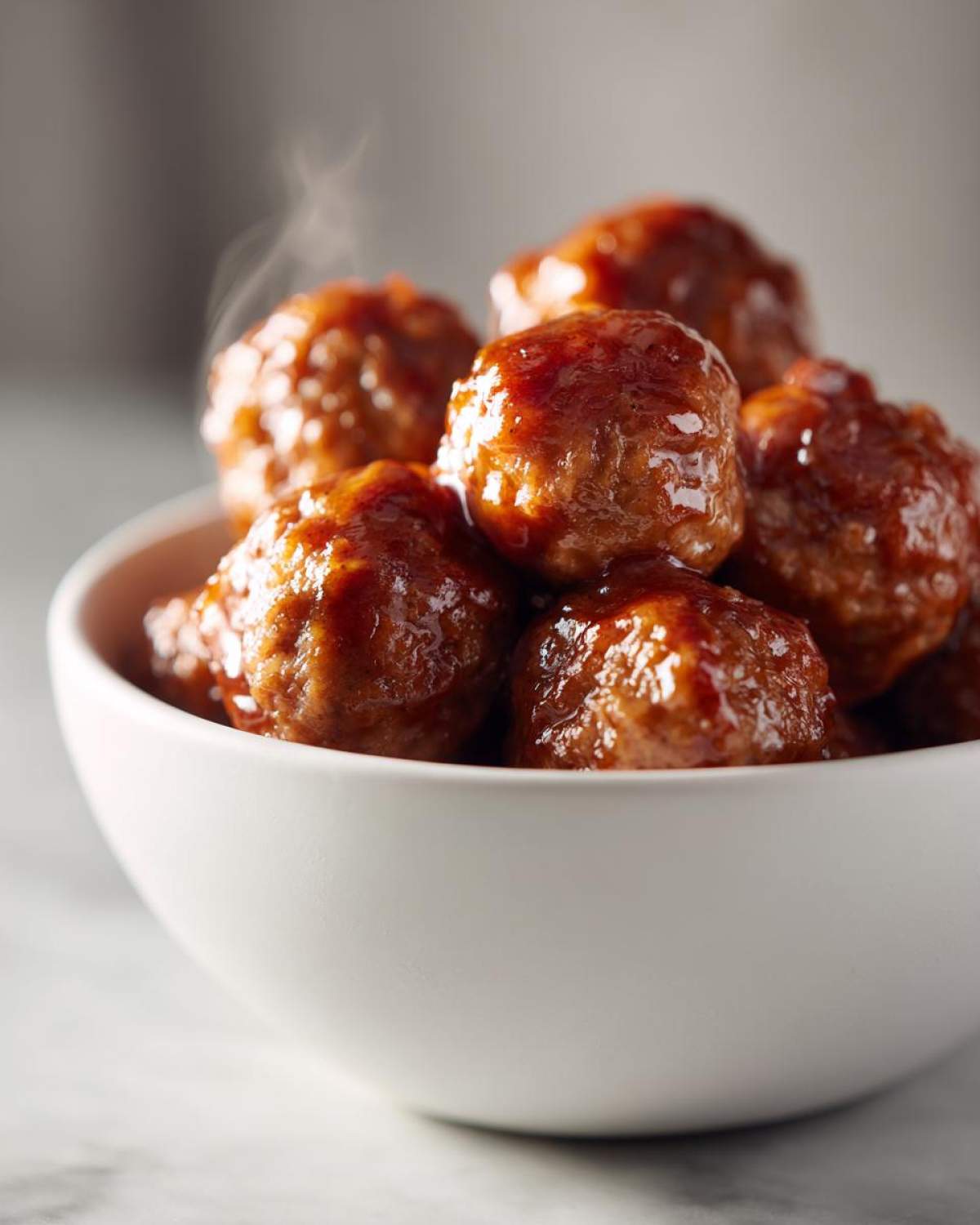 A white bowl filled with steaming sweet chili meatballs crockpot, coated in a glossy sauce.