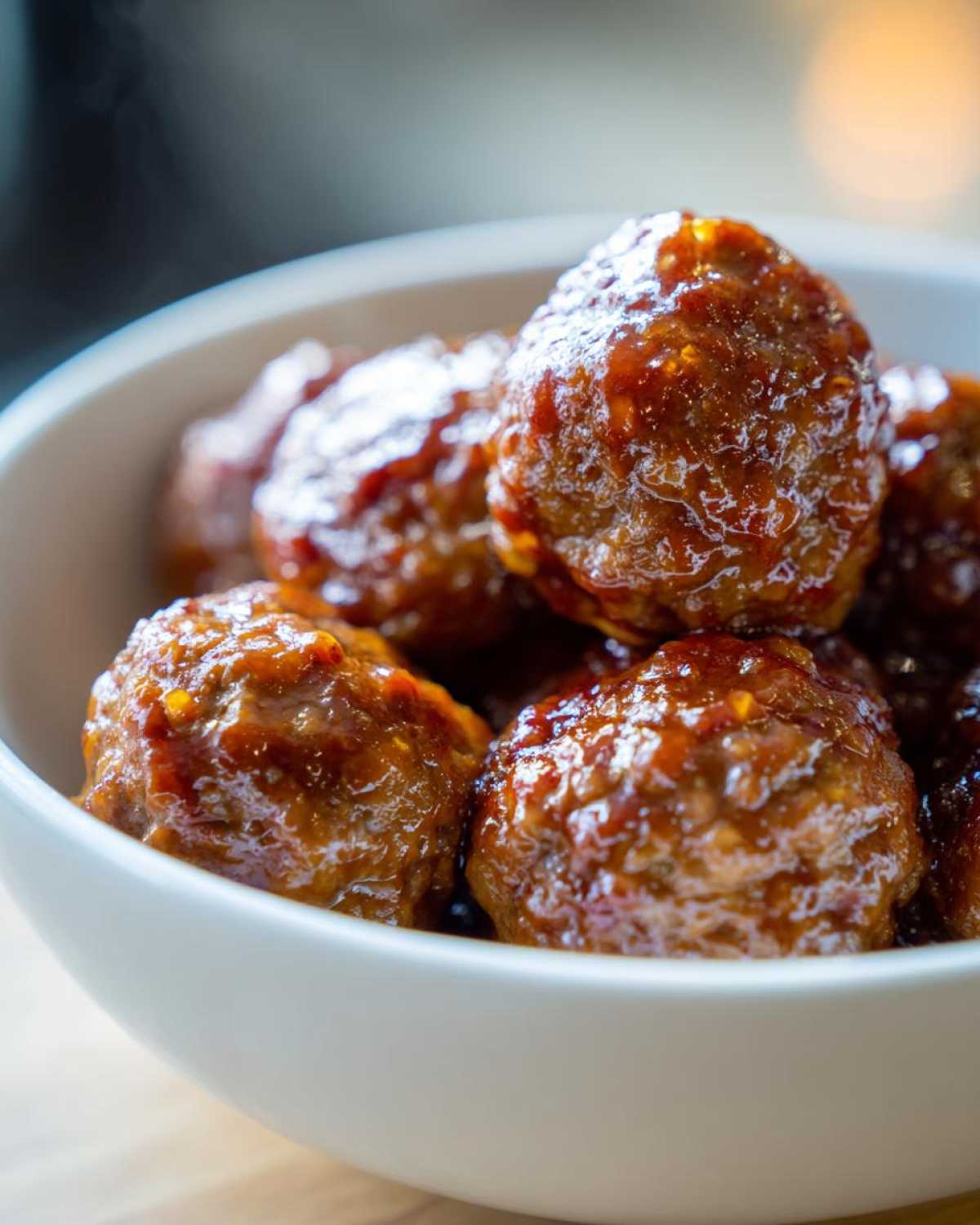 Close-up of glossy, glazed sweet chili meatballs crockpot in a white bowl.