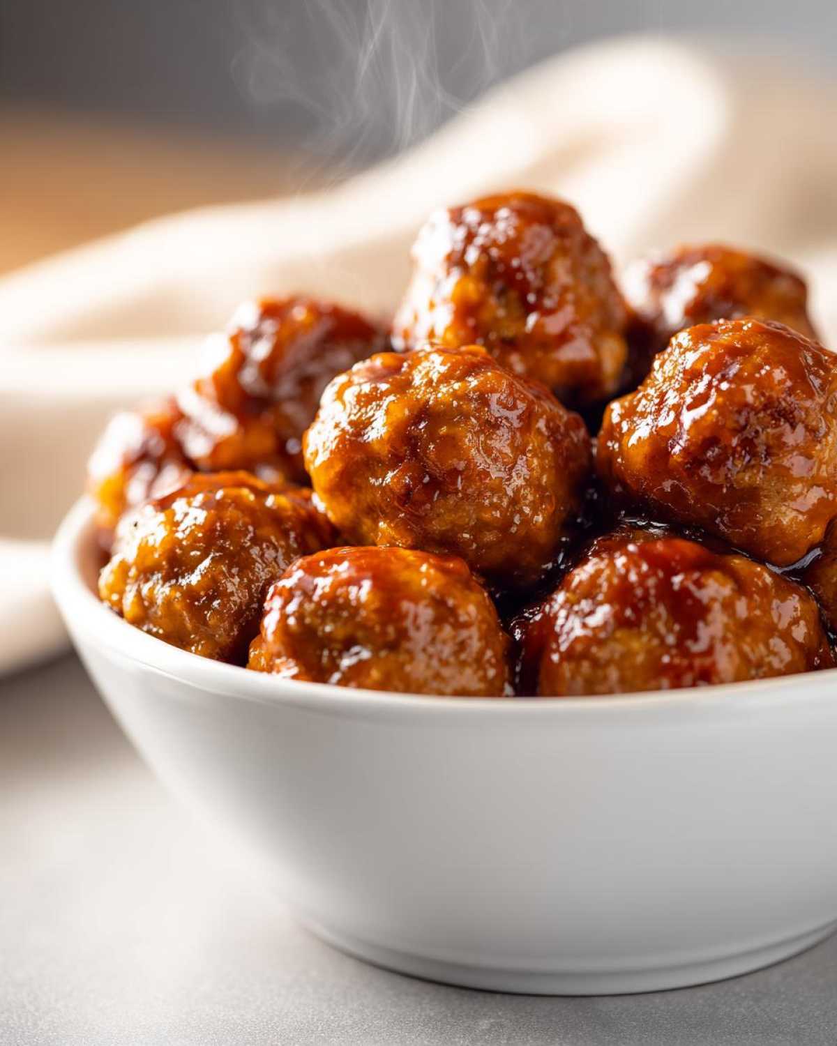 A white bowl filled with steaming sweet chili meatballs crockpot, coated in a glossy sauce.