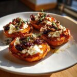 Close-up of four sweet potato rounds topped with goat cheese, dried cranberries, pecans, and fresh thyme.