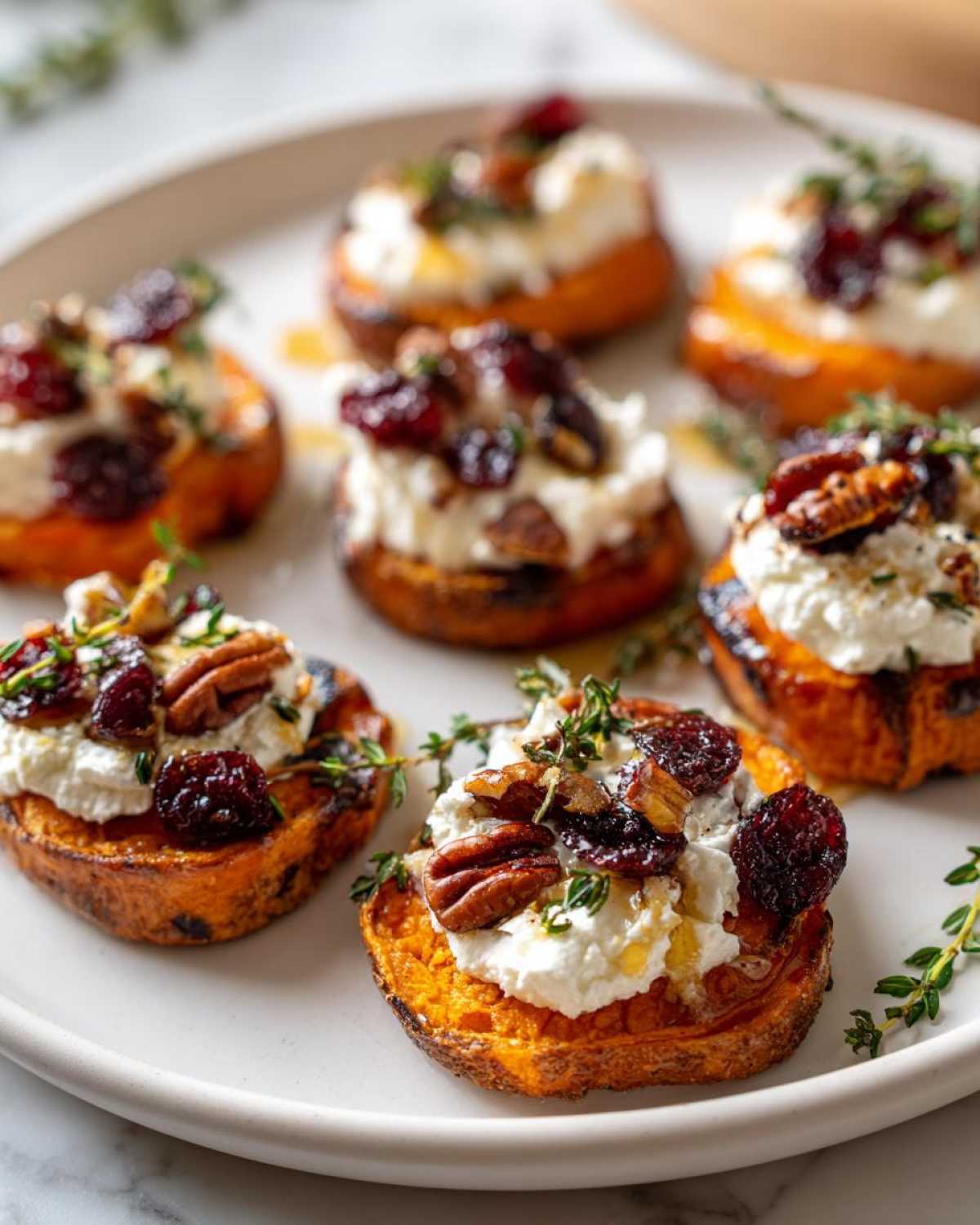 Close-up of sweet potato rounds topped with creamy goat cheese, dried cranberries, pecans, and fresh thyme.