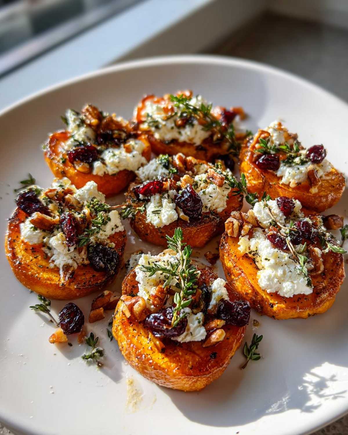 Close-up of sweet potato rounds topped with goat cheese, dried cranberries, walnuts, and herbs.