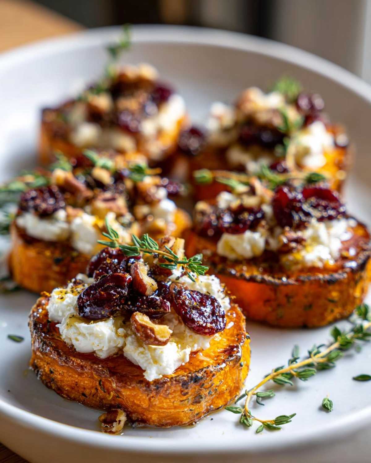 Close-up of sweet potato rounds topped with creamy goat cheese, dried cranberries, and chopped nuts.