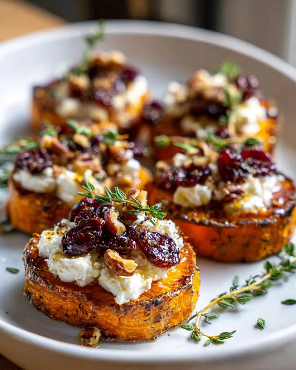 Close-up of sweet potato rounds topped with creamy goat cheese, dried cranberries, and chopped nuts.