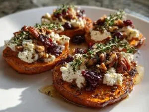 Close-up of sweet potato rounds topped with creamy goat cheese, dried cranberries, pecans, and fresh thyme.