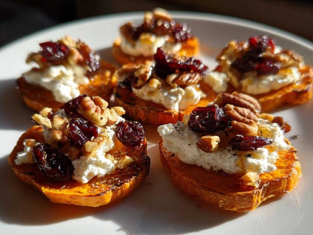 Close-up of crispy sweet potato rounds topped with creamy goat cheese, dried cranberries, and chopped walnuts.