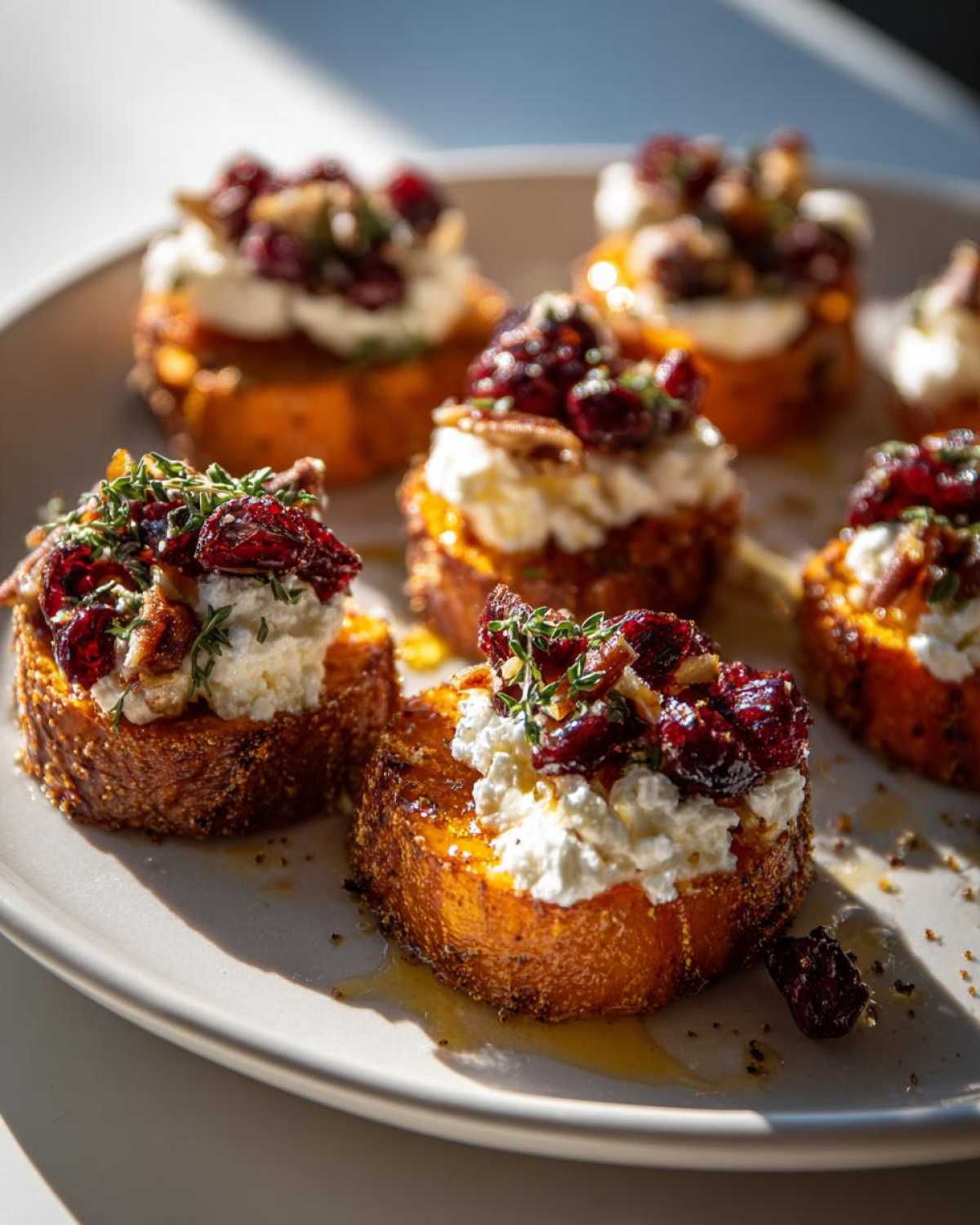 Crispy sweet potato rounds topped with creamy goat cheese, dried cranberries, and fresh herbs.
