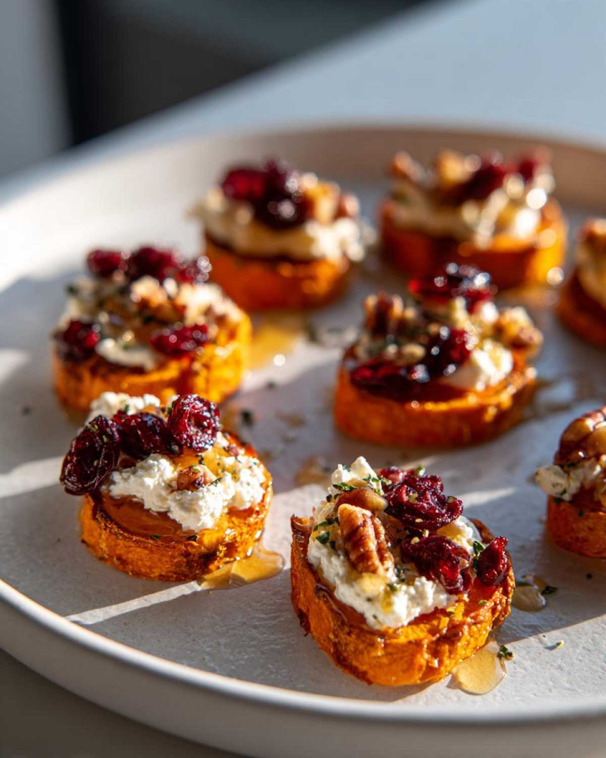 Close-up of crispy sweet potato rounds topped with creamy goat cheese, dried cranberries, and nuts, drizzled with honey.
