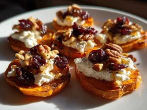 Close-up of crispy sweet potato rounds topped with creamy goat cheese, dried cranberries, and chopped walnuts.