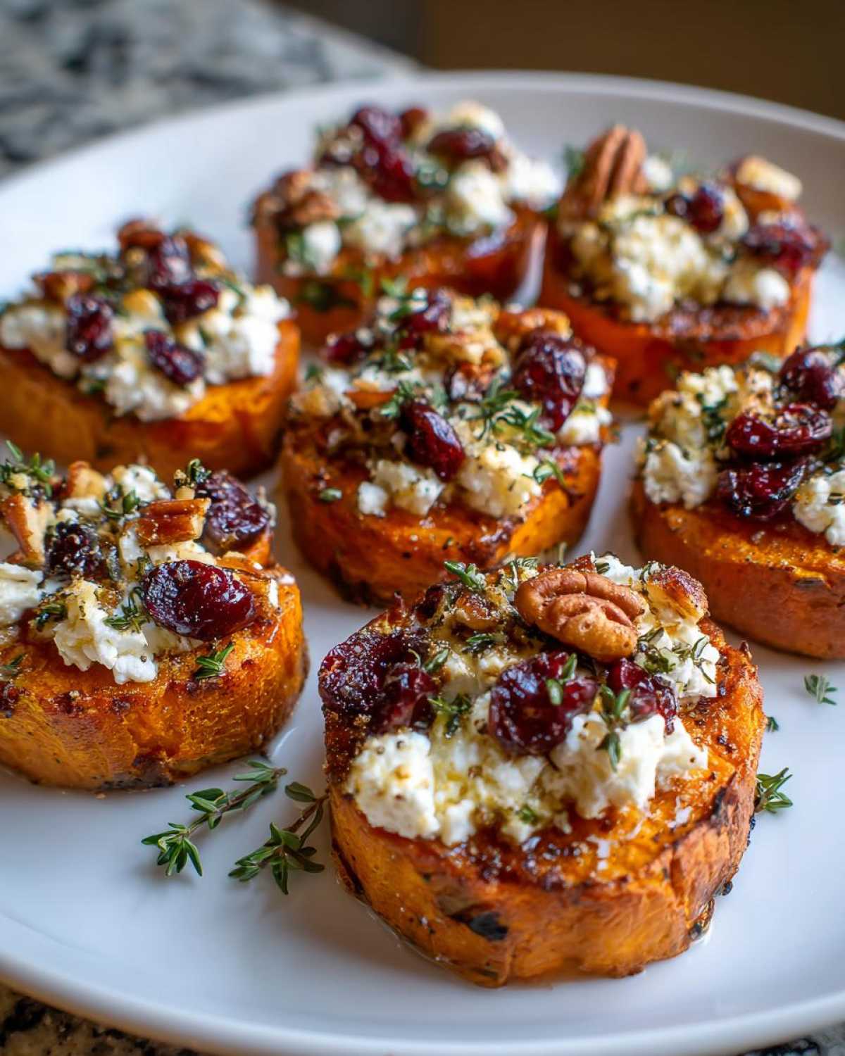 Close-up of sweet potato rounds topped with creamy goat cheese, dried cranberries, pecans, and fresh thyme.