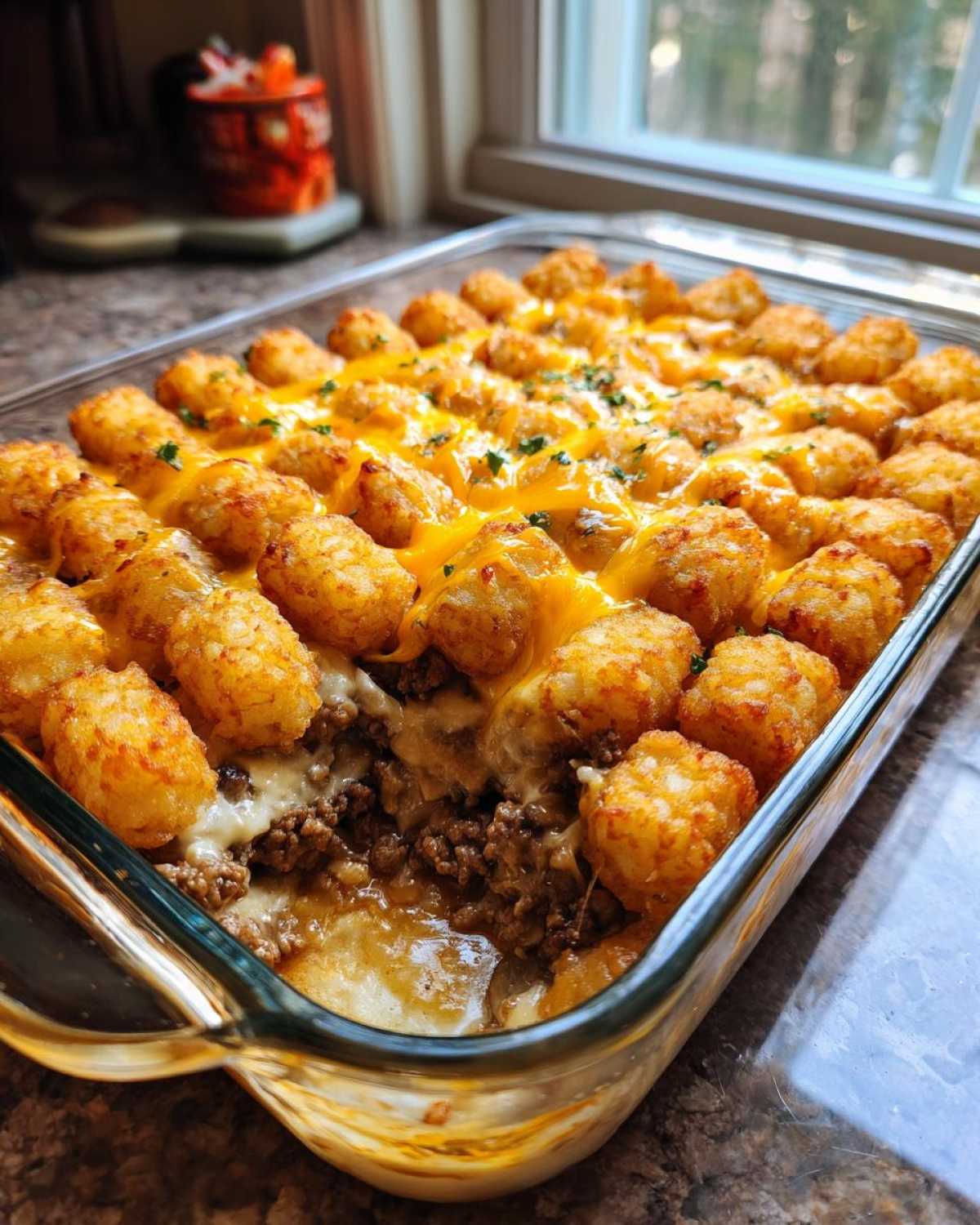 A golden brown tater tot casserole with ground beef, topped with melted cheese and parsley, baked in a glass dish.