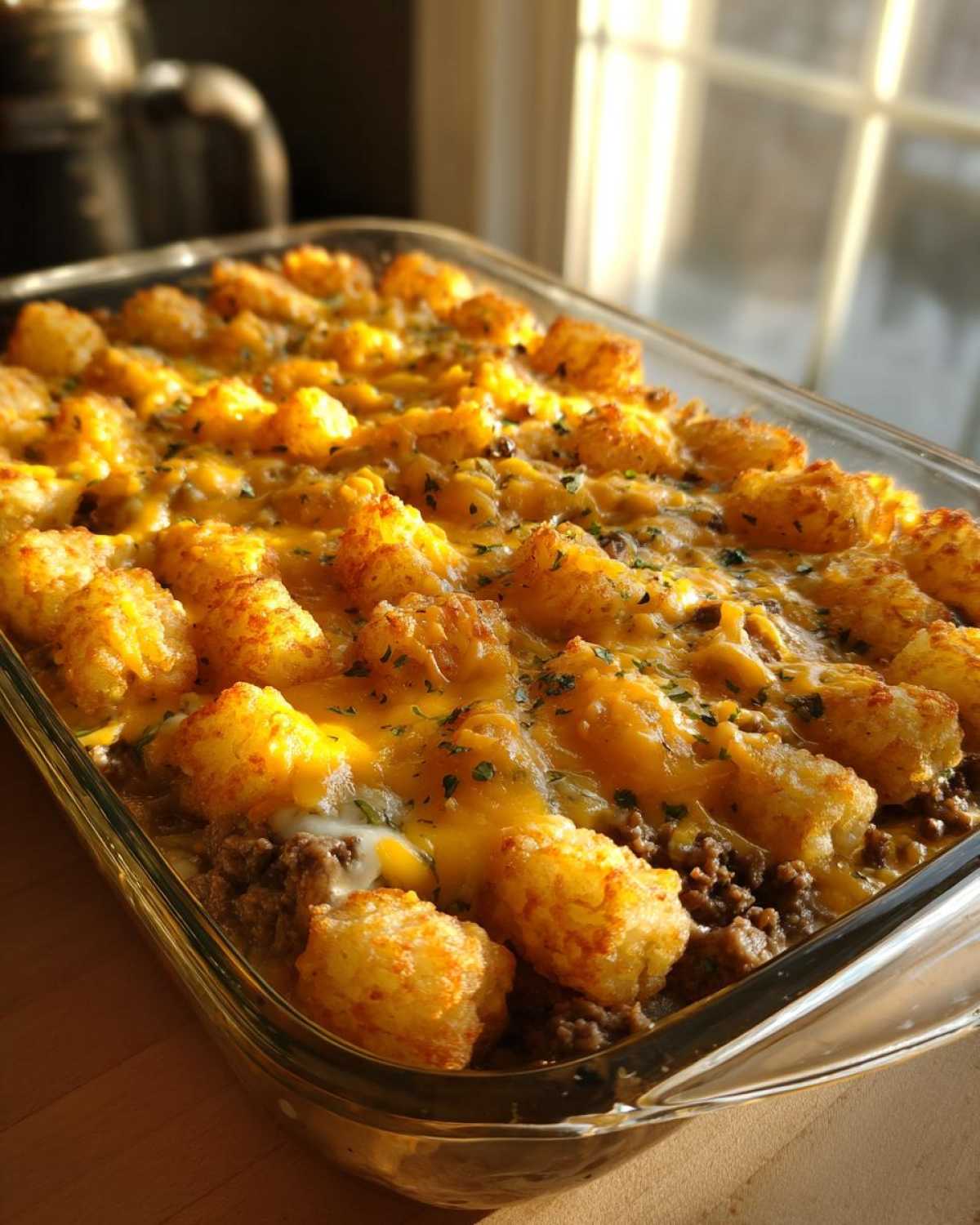A close-up, angled view of a freshly baked tater tot casserole with ground beef, topped with melted golden cheese and sprinkled with parsley.