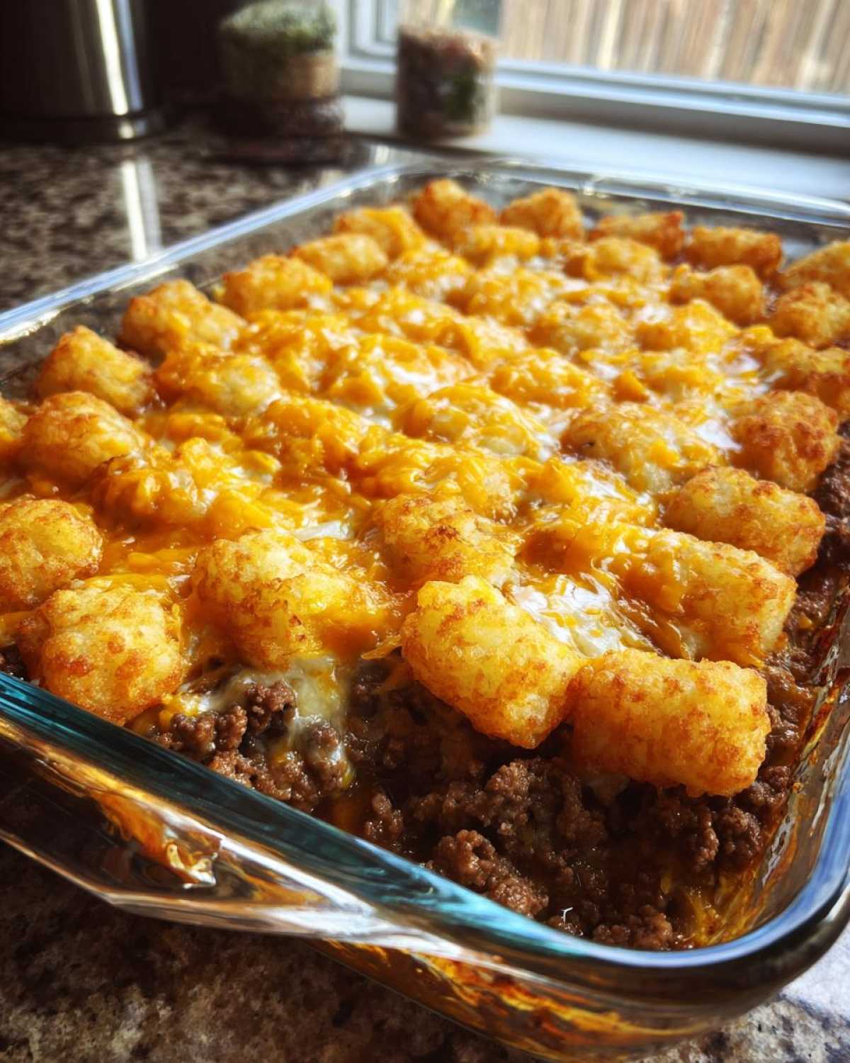 A freshly baked tater tot casserole with ground beef and melted cheese in a glass baking dish.
