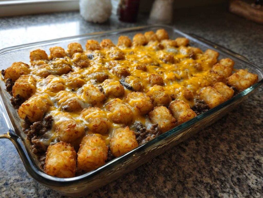 Golden brown tater tot casserole with ground beef and melted cheese in a glass baking dish.