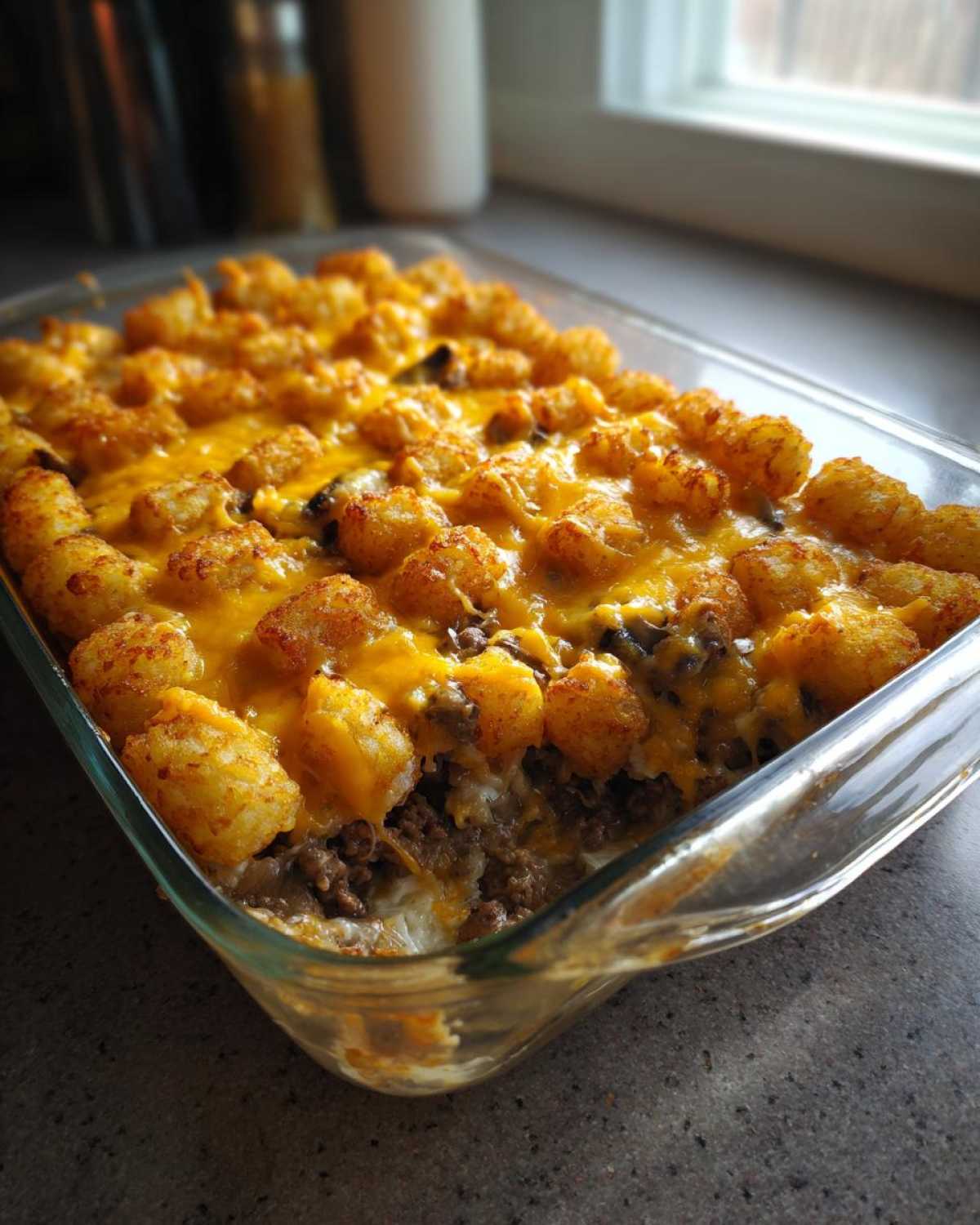 A close-up of a freshly baked tater tot casserole with ground beef and melted cheddar cheese in a glass baking dish.
