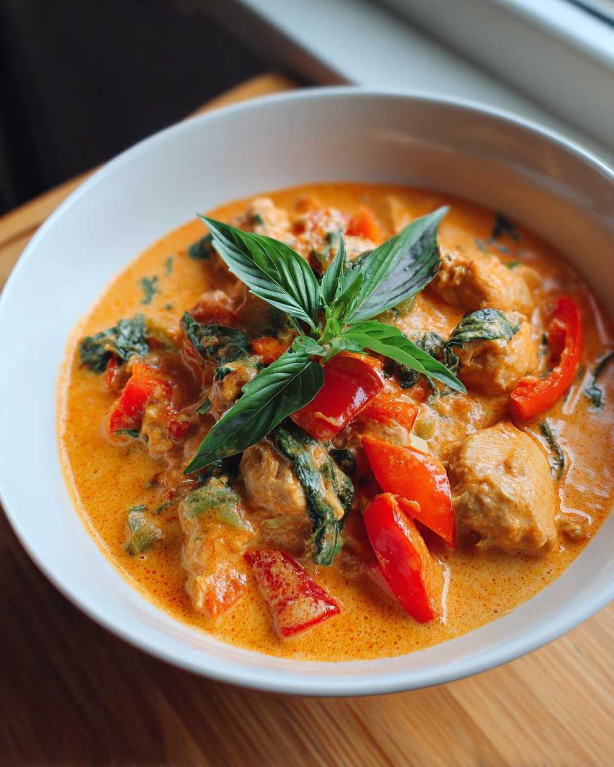A close-up of a bowl of creamy Thai red curry chicken with chunks of chicken, red bell peppers, and spinach, garnished with fresh basil.