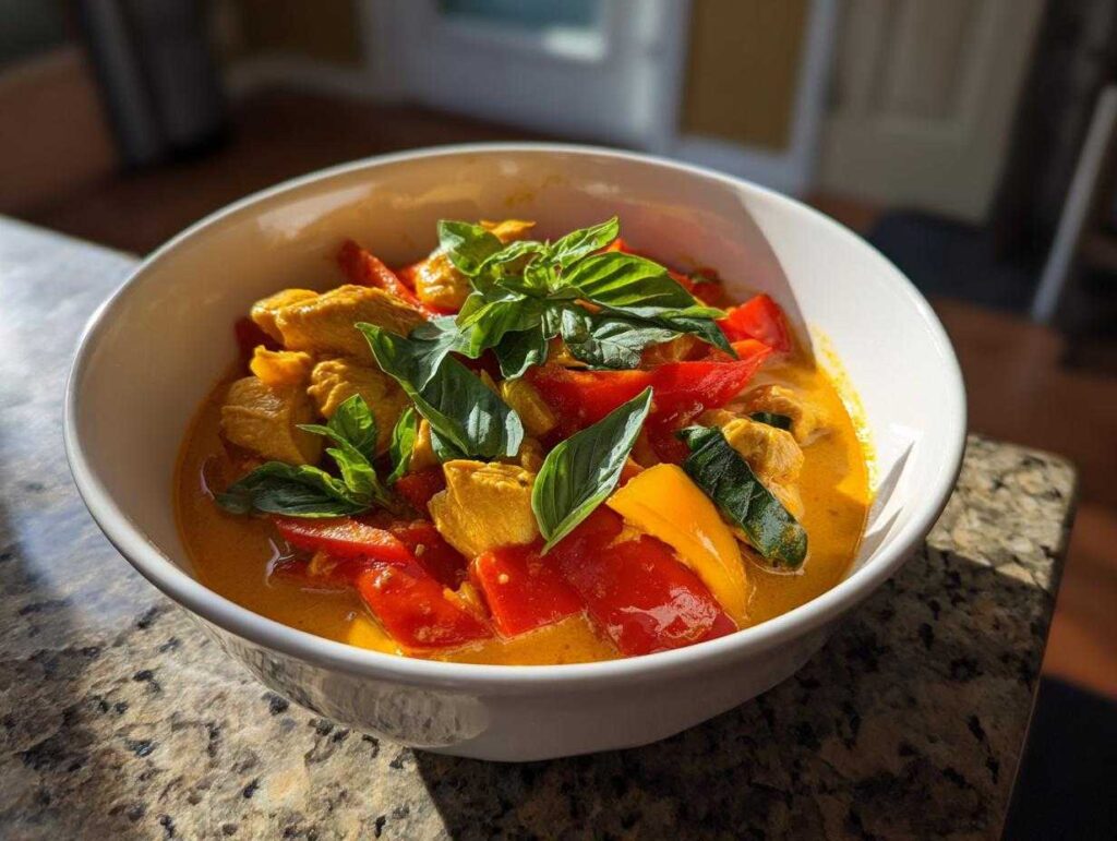 A bowl of creamy Thai red curry chicken with bell peppers and fresh basil.