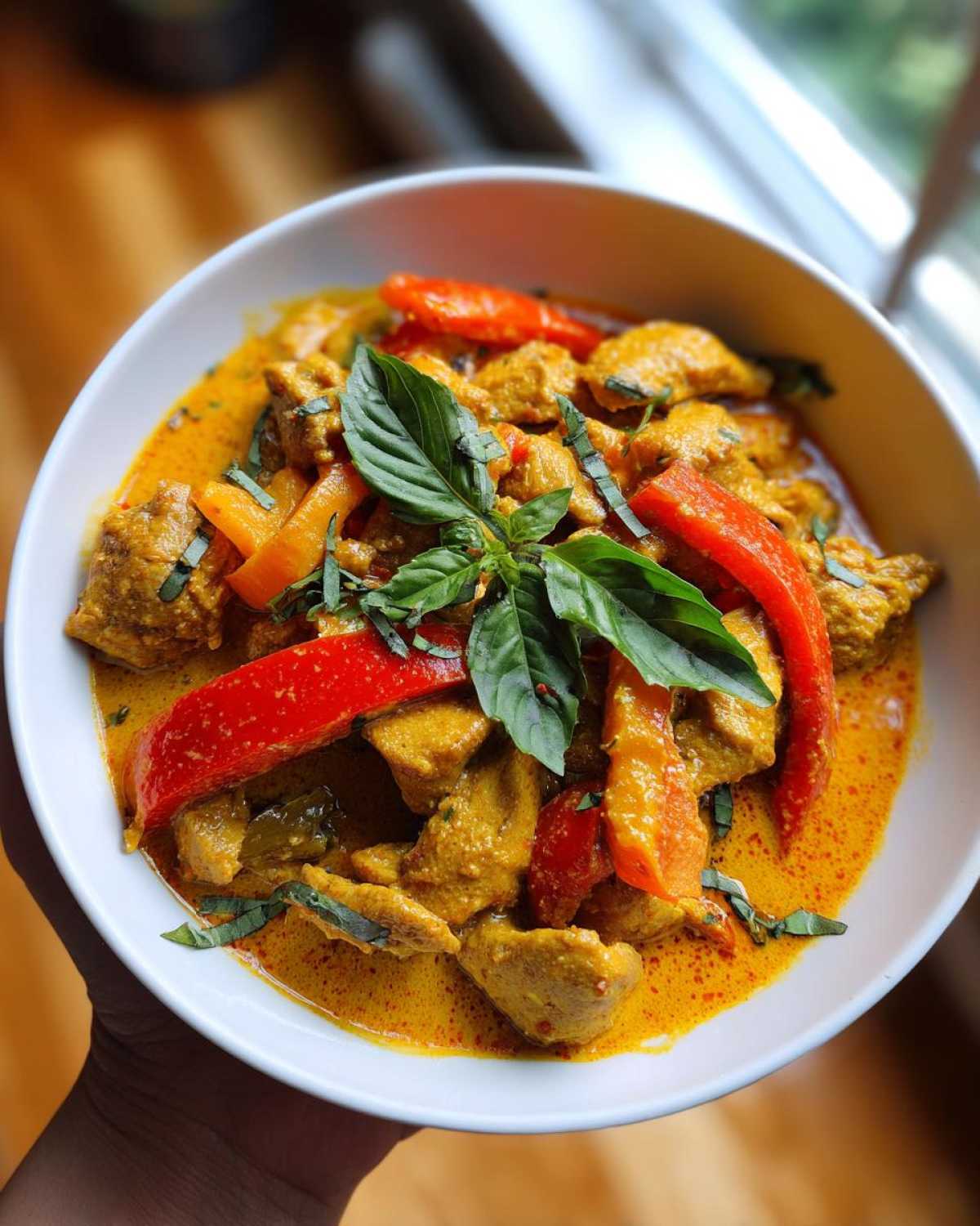 A bowl of creamy Thai red curry chicken with bell peppers and fresh basil leaves.