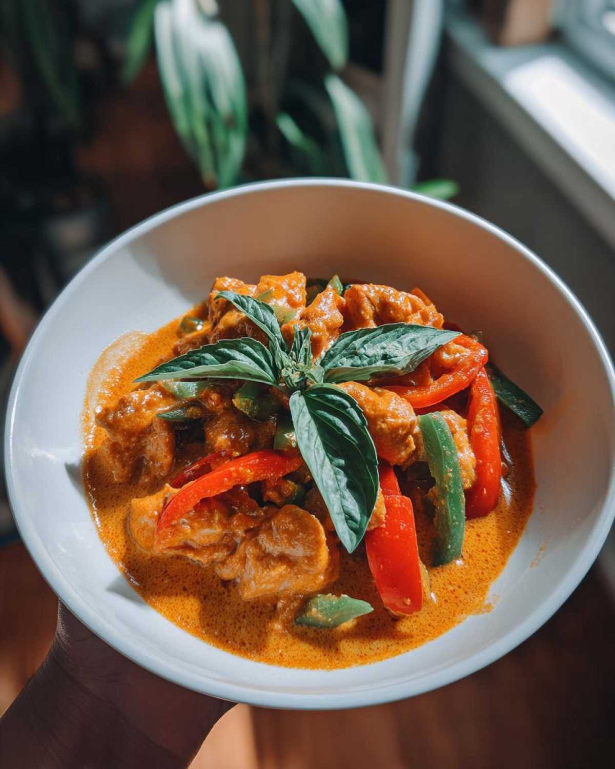 A bowl of creamy Thai red curry chicken with red and green bell peppers, garnished with fresh basil.