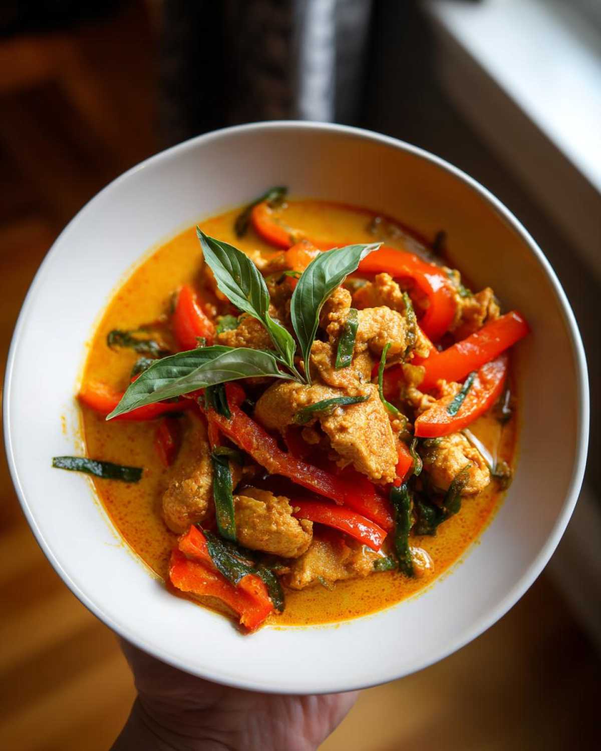 A bowl of creamy Thai red curry chicken with sliced red bell peppers and green herbs, garnished with fresh basil leaves.