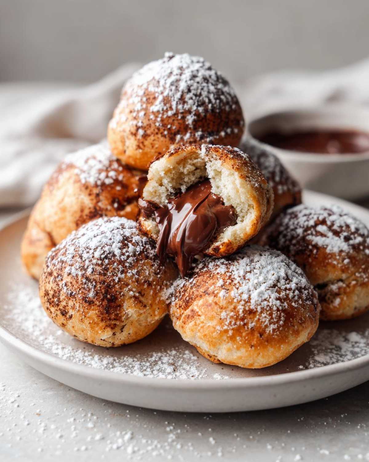A pile of golden-brown Air Fryer Nutella Bombs, one split open to reveal melted Nutella oozing out, dusted with powdered sugar.