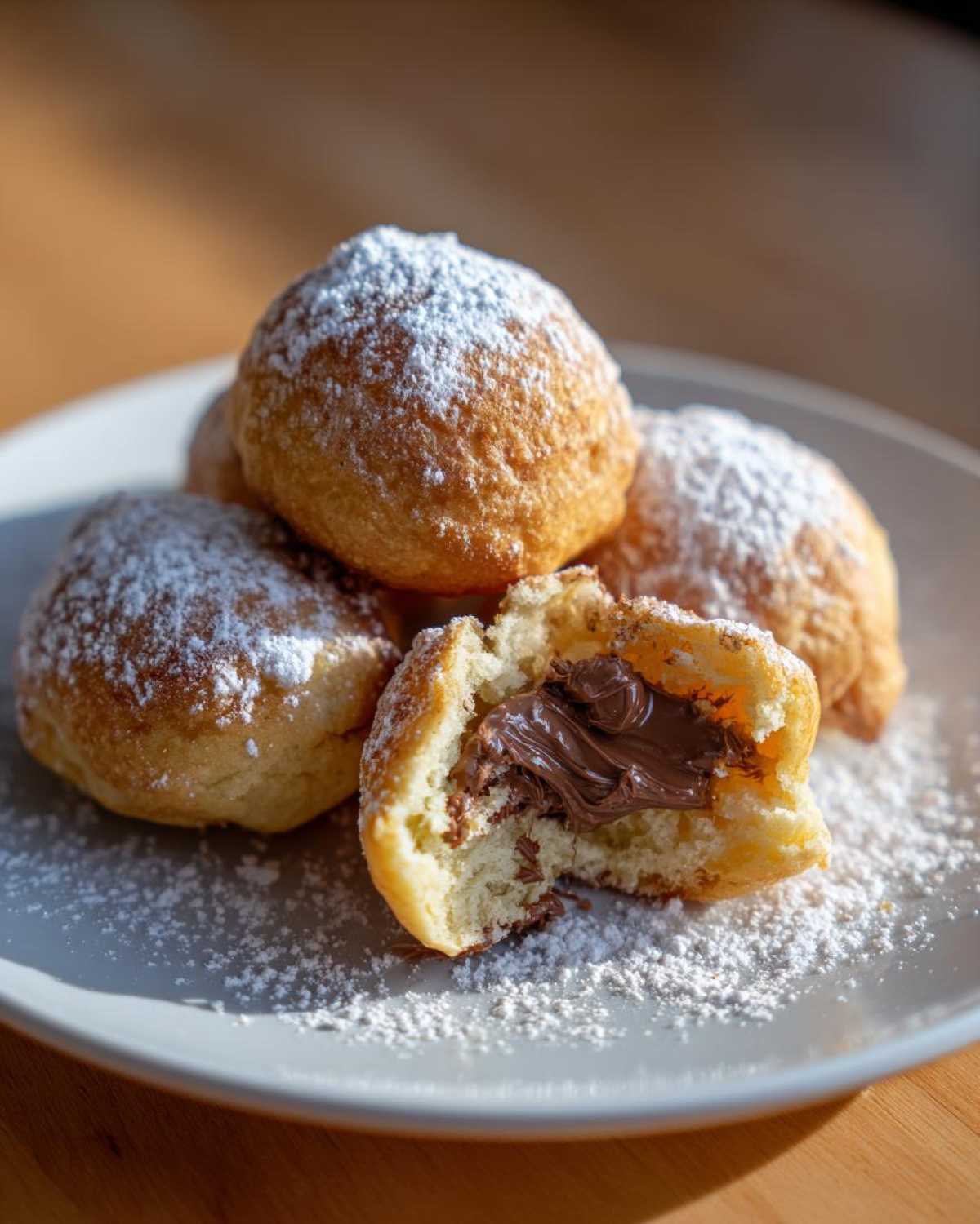 A close-up of Air Fryer Nutella Bombs, one split open to reveal a gooey Nutella filling, dusted with powdered sugar.
