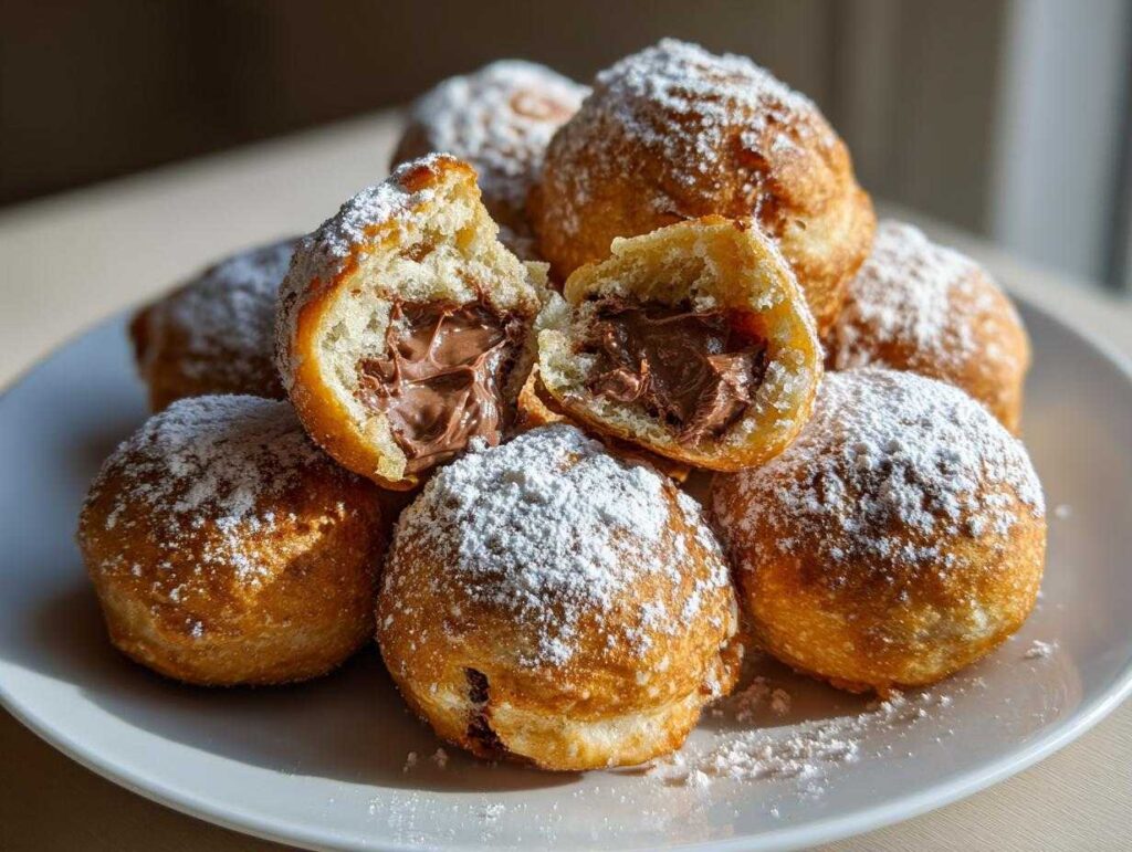A pile of golden-brown Air Fryer Nutella Bombs, dusted with powdered sugar, with one split open to reveal a molten Nutella filling.
