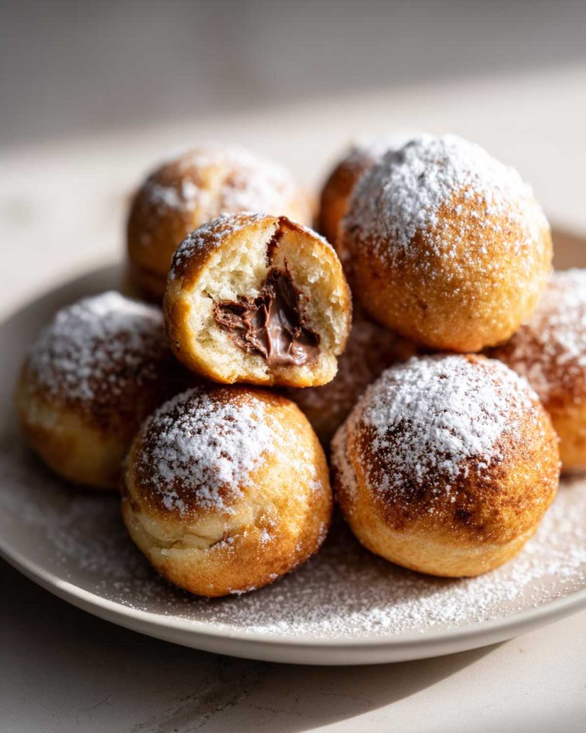 A plate of golden brown Air Fryer Nutella Bombs dusted with powdered sugar, one is broken open to reveal melted Nutella.