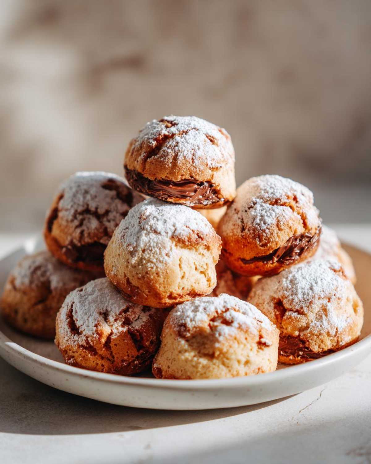 A stack of golden-brown Air Fryer Nutella Bombs dusted with powdered sugar, with visible Nutella filling.