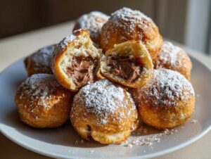 A pile of golden-brown Air Fryer Nutella Bombs, dusted with powdered sugar, with one split open to reveal a molten Nutella filling.