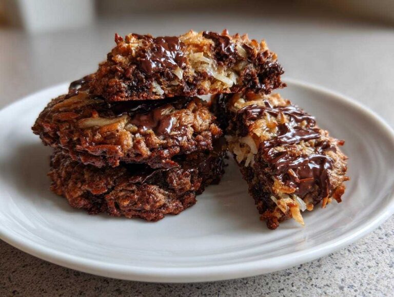 A stack of four rich, chewy almond joy cookies drizzled with melted dark chocolate on a white plate.