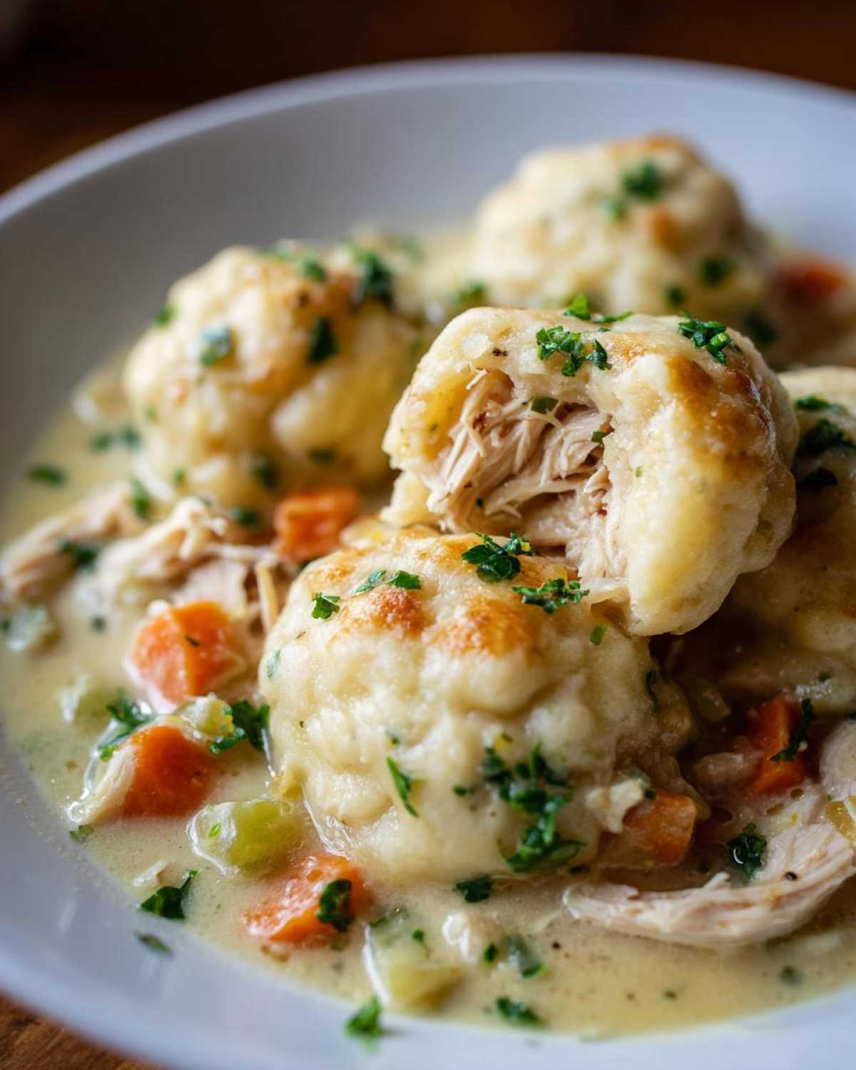 Close-up of fluffy, golden-brown dumplings served over shredded chicken and vegetables in a creamy sauce. One dumpling is broken open showing the shredded chicken filling. These are amazing 35 minute dumplings.
