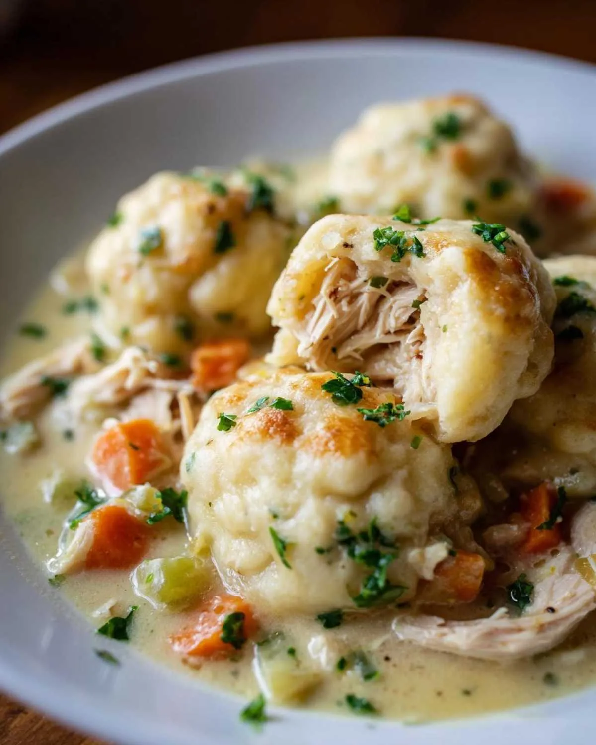 Close-up of fluffy, golden-brown dumplings served over shredded chicken and vegetables in a creamy sauce. One dumpling is broken open showing the shredded chicken filling. These are amazing 35 minute dumplings.