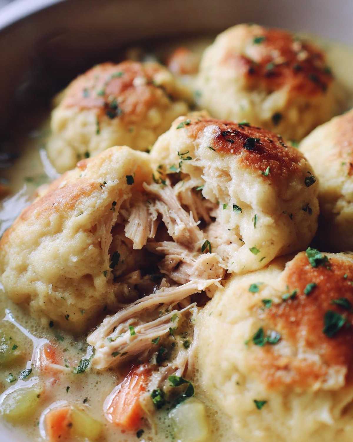 Close-up of savory chicken dumplings, one split open revealing shredded chicken filling in creamy stew.