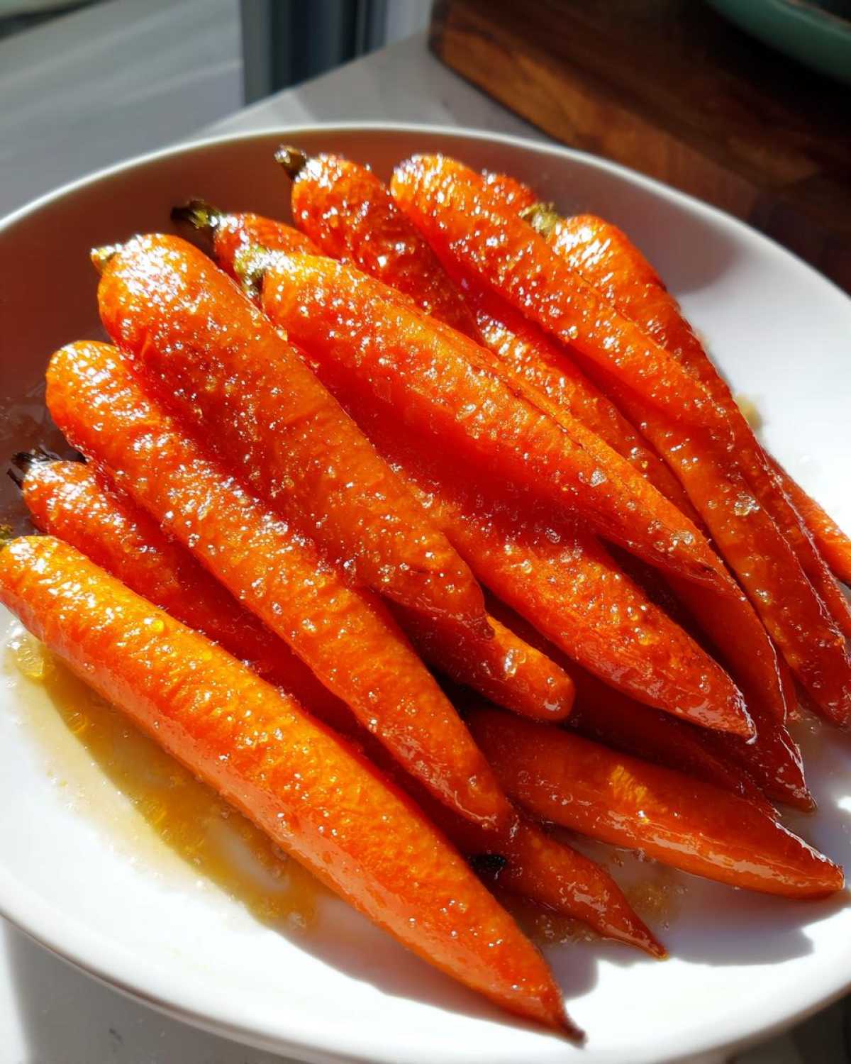 Close-up of bright orange, glistening honey glazed carrots piled high in a white bowl.
