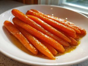 Close-up of tender, bright orange honey glazed carrots glistening in a sweet sauce in a white serving dish.