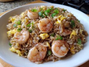 A close-up serving of delicious shrimp fried rice featuring plump shrimp, scrambled egg pieces, and green onions.