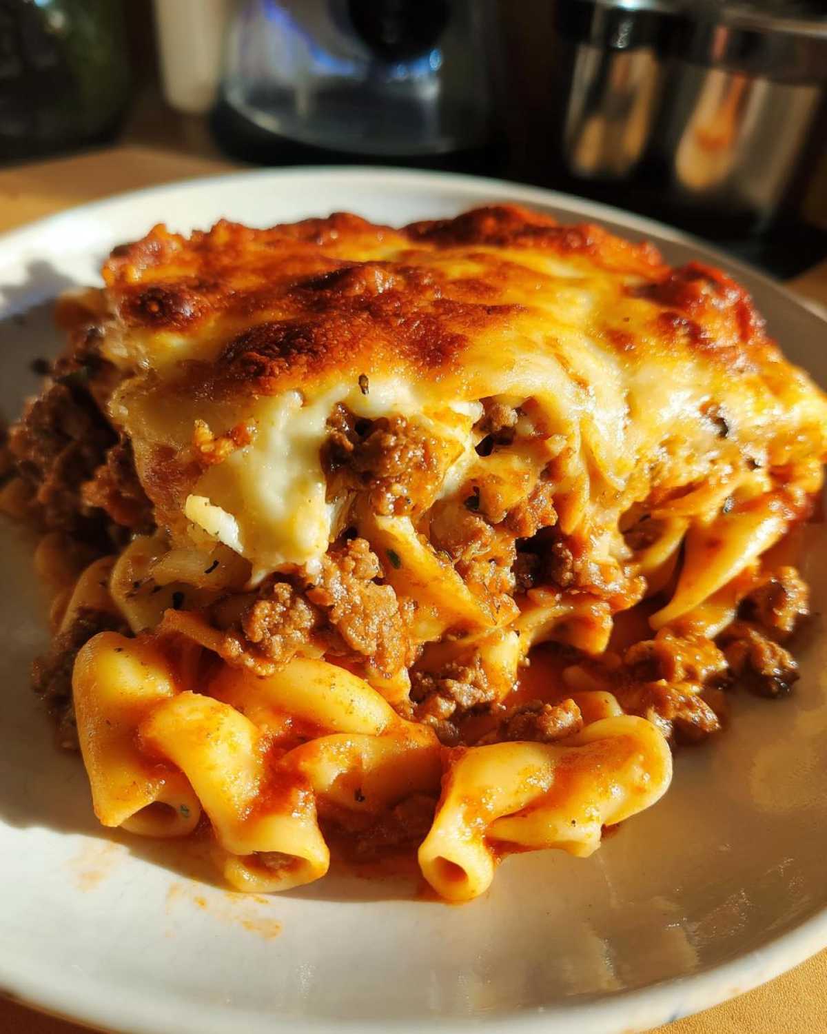 A generous serving of Amish country casserole featuring pasta, seasoned ground meat, and melted cheese.