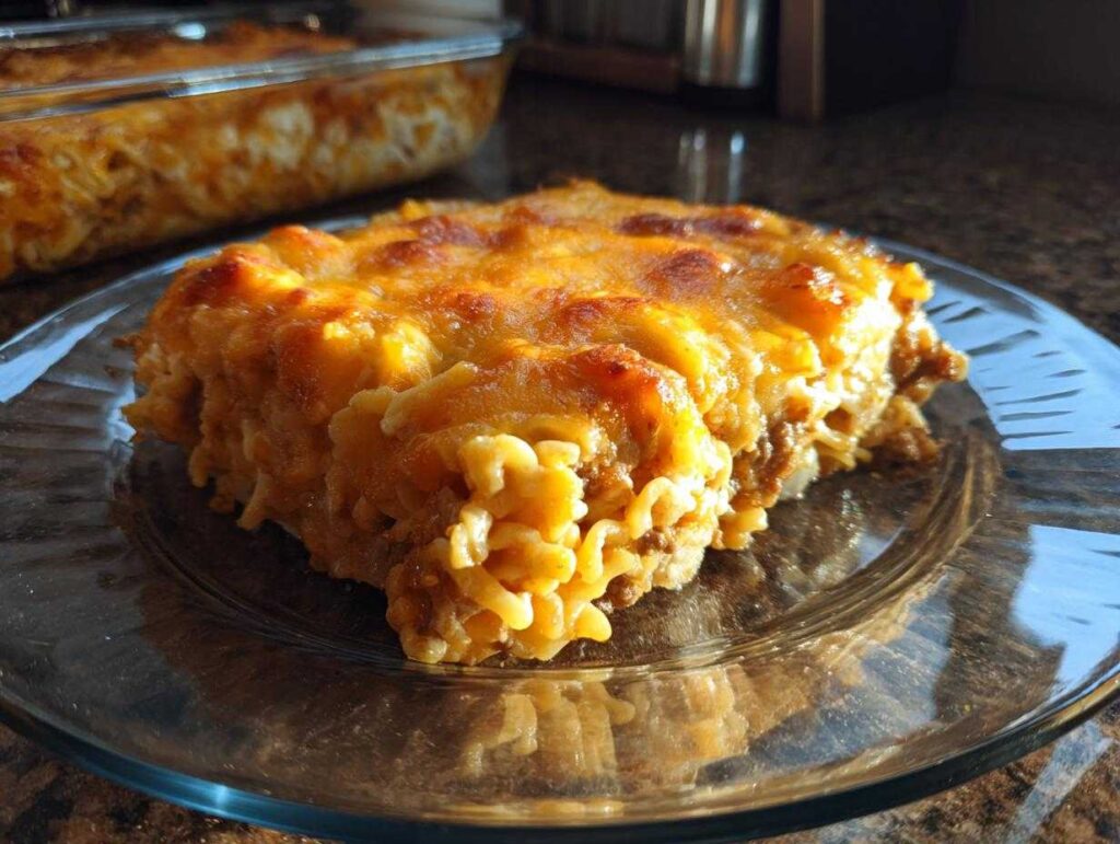 A delicious slice of Amish country casserole with pasta and melted cheese on a clear plate.