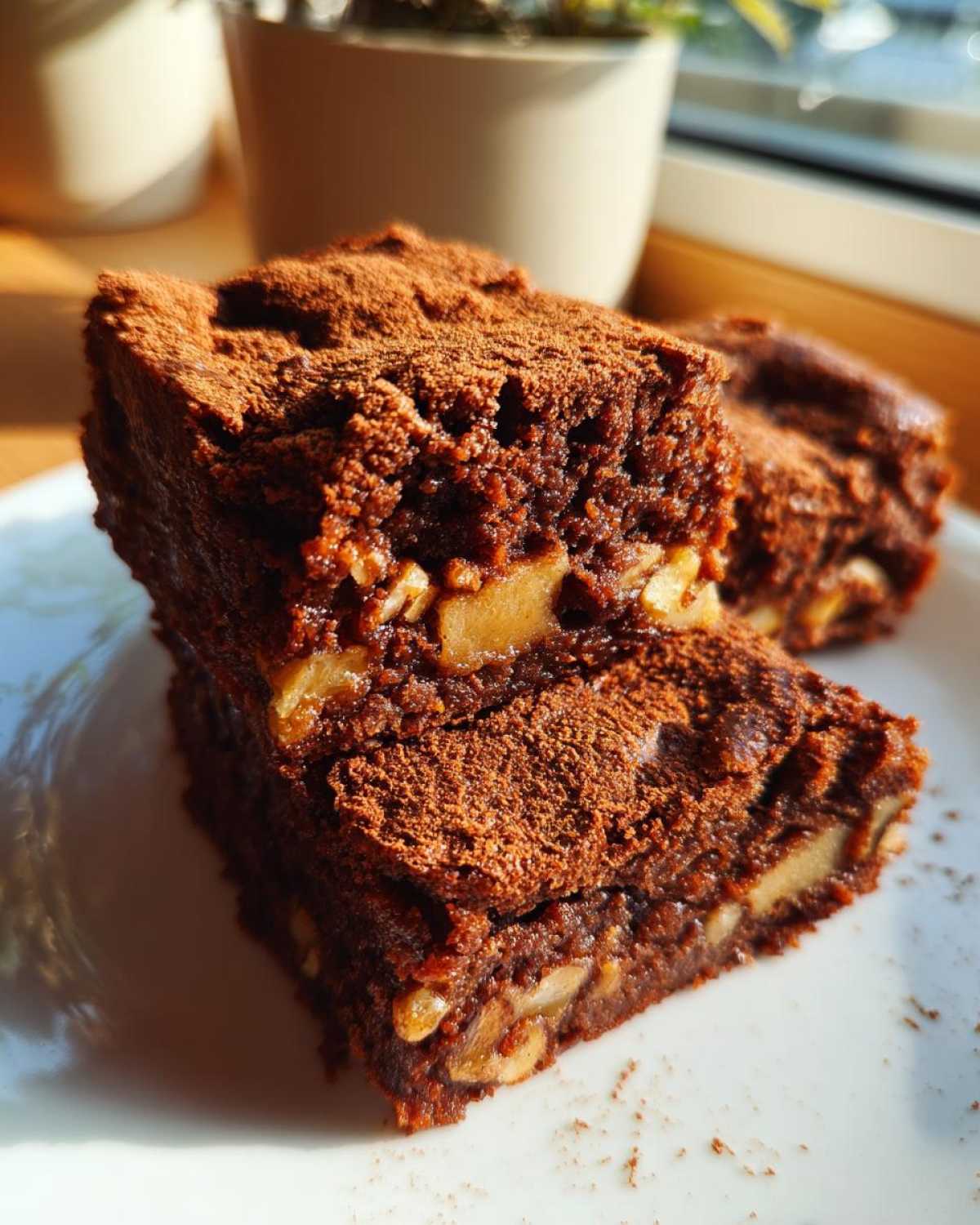Close-up of two chewy apple brownies stacked on a white plate, dusted with cocoa powder.
